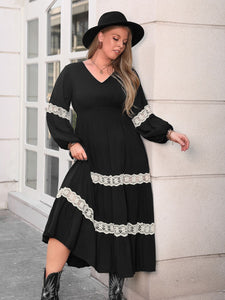 Lace Detail V-Neck Long Sleeve Midi Dress