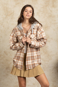 Stay In The Lead Plaid Frayed Hoodie Jacket in Camel