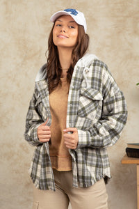 Stay In The Lead Plaid Frayed Hoodie Jacket in Olive