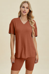 Ribbed V-Neck Short Sleeve Top and Shorts Set (multiple color options)