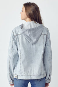 RISEN Distressed Drawstring Hooded Denim Jacket