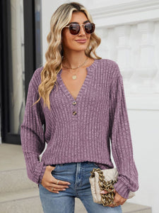 Ribbed Notched Long Sleeve Top (multiple color options)