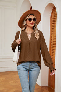 Notched Neck Flounce Sleeve Blouse (multiple color options)