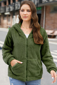 Zip Up Long Sleeve Fuzzy Hooded Outerwear (multiple color options)