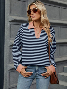 Striped Johnny Collar Long Sleeve Sweatshirt (multiple color options)