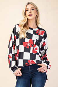 Checkered Bow Print Round Neck Top