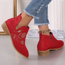 Load image into Gallery viewer, Embroidered Suede Point Toe Block Heel Boots (multiple color options)
