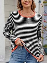 Load image into Gallery viewer, Striped Contrast Round Neck Long Sleeve Sweater (multiple color options)
