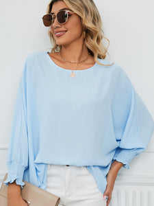 Smocked Lantern Sleeve Round Neck Blouse (multiple color options)