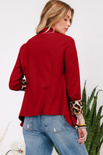 Load image into Gallery viewer, Rolled Leopard Cuff Open Front Blazer in Burgundy
