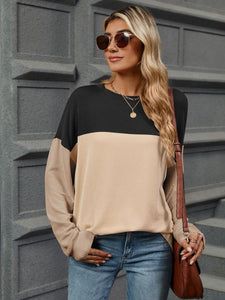 Contrast Round Neck Long Sleeve Top (multiple color options)