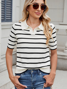 Striped Johnny Collar Short Sleeve Sweater (multiple color options)