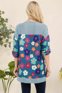 Side Slit Flower Print Long Sleeve Top in Teal