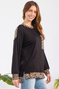 Leopard Round Neck Dropped Shoulder T-Shirt