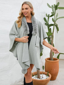 Fuzzy Trim Open Front Poncho (multiple color options)