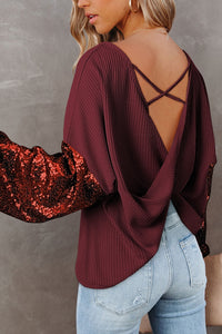 Sequin Crisscross Boat Neck Long Sleeve Blouse (2 color options)