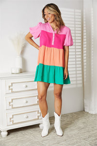 Color Pop Buttoned Puff Sleeve Dress