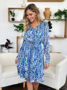 Printed Drawstring Waist Long Sleeve Dress (2 color options)