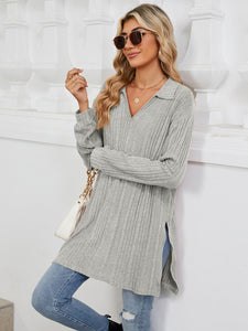 Slit Johnny Collar Long Sleeve Top (multiple color options)