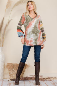 Tie-Dye Contrast Striped V-Neck Long Sleeve Blouse