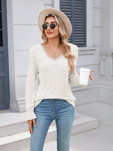 Lace Detail V-Neck Long Sleeve Top (multiple color options)