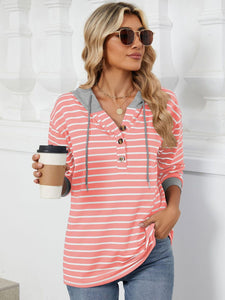 Drawstring Striped Long Sleeve Hoodie (multiple color options)