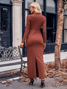 Slit Twisted Surplice Long Sleeve Dress (multiple color options)