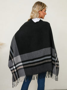 Fringe Contrast Plaid Poncho (multiple color options)