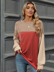 Contrast Round Neck Long Sleeve Top (multiple color options)