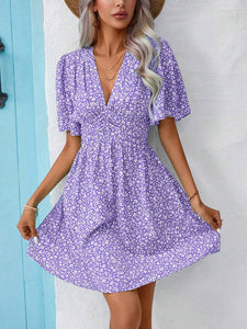 Printed V-Neck Half Sleeve Mini Dress (multiple color options)