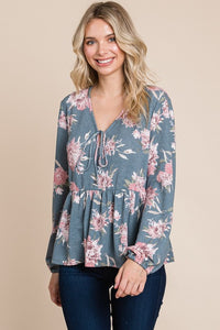 Babydoll Floral Long Sleeve Blouse in Blue