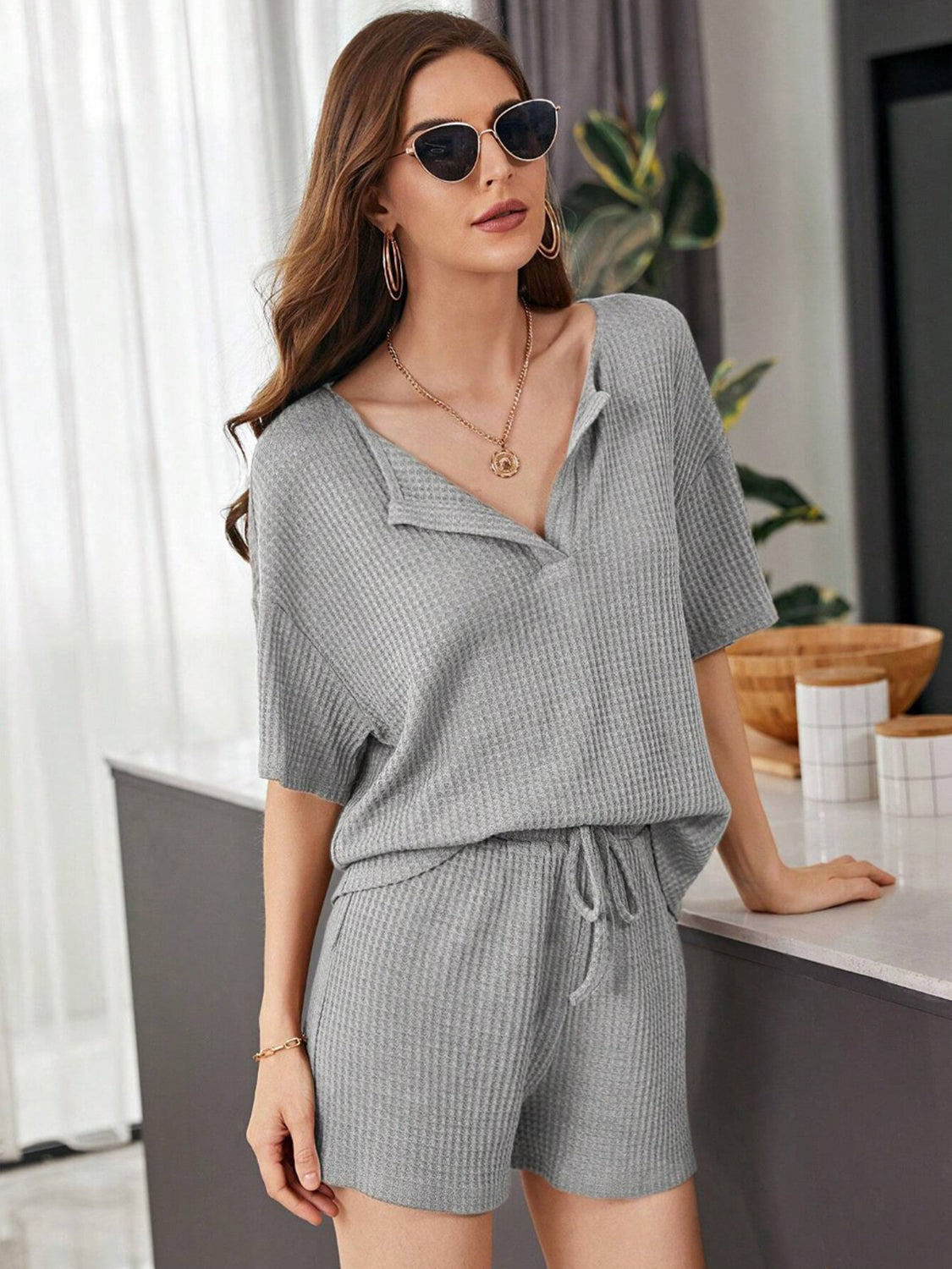 Waffle-Knit Dropped Shoulder Top and Shorts Set (multiple color options)