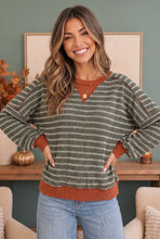 Load image into Gallery viewer, Striped &amp; Cozy Olive Green Pullover Sweater

