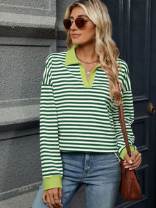 Striped Johnny Collar Long Sleeve Sweatshirt (multiple color options)