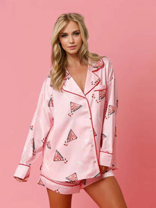 Printed Collared Neck Long Sleeve Top and Shorts Pajama Set (multiple color options)