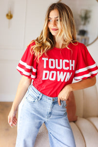 Stand Out  "TOUCHDOWN" Sequin Bubble Sleeve Game Day Top in Red