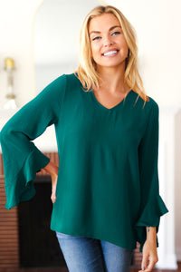 Falling In Love Hi-Lo Ruffle Sleeve Woven Top in Hunter Green