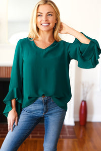 Falling In Love Hi-Lo Ruffle Sleeve Woven Top in Hunter Green