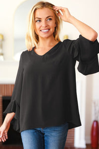 Falling In Love Hi-Lo Ruffle Sleeve Woven Top in Black