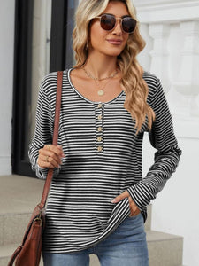 Striped Half Button Long Sleeve Top (multiple color options)