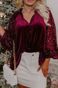 Sequin Notched Long Sleeve Blouse (2 color options)