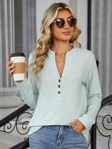 Striped Notched Long Sleeve Top (multiple color options)