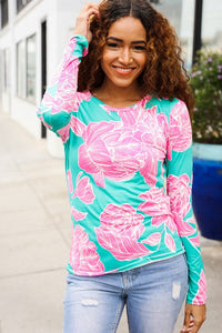 Find Love Aqua/Pink Fitted Floral Print Buttery Soft Knit Top