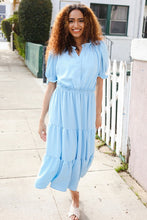 Load image into Gallery viewer, Follow Me Aqua Frill Notch Neck Shirred Waist Tiered Maxi Dress
