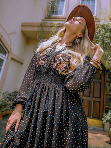 Embroidered Polka Dot Tie Neck Long Sleeve Midi Dress (multiple color options)