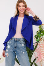 Load image into Gallery viewer, Rolled Leopard Cuff Open Front Blazer in Royal Blue
