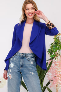 Rolled Leopard Cuff Open Front Blazer in Royal Blue