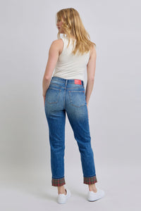 Judy Blue Plaid Print Cuff Straight Leg Jeans with Pockets