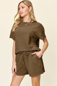 Texture Short Sleeve T-Shirt and Drawstring Shorts Set (multiple color options)