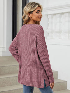 Ribbed Round Neck Long Sleeve Top (multiple color options)